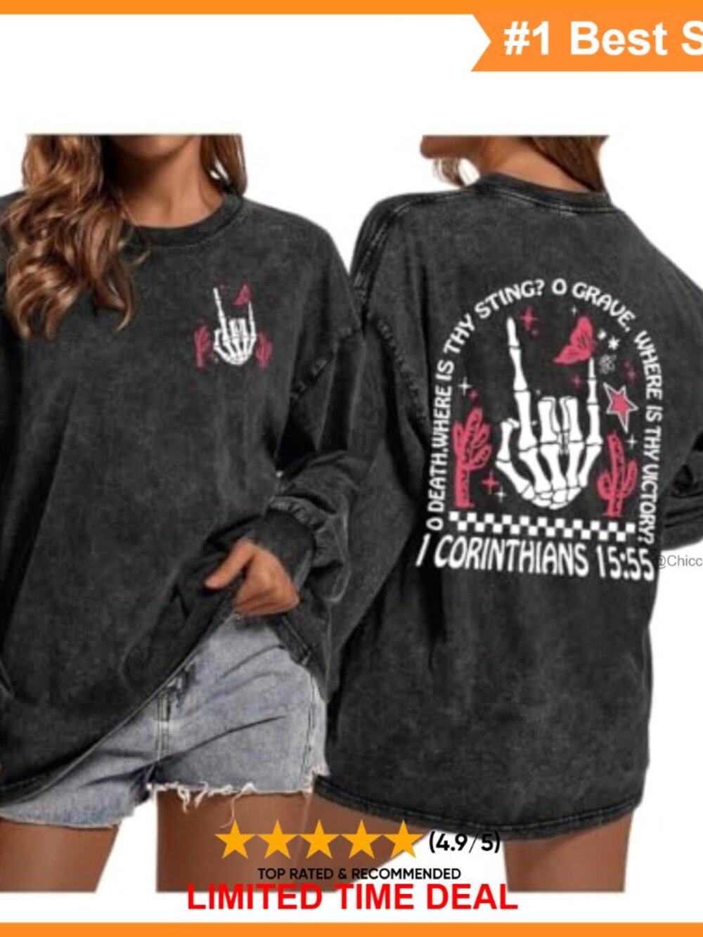 Christian Gothic Oversized Long Sleeve T-Shirt Cotton Blend Acid Wash